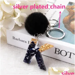 Party Favor 2021 Black Pompom Letter Keychain English Alphabet Keyring Glitter Gradient Resin Car Mirror Accessory Women Handbag Drop Dheiz