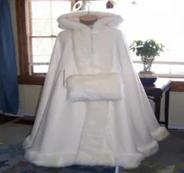 Elegancki z kapturem Przylądek Bridal Faux Fur Winter Jacket Bolero Women Wedding Floor Długość Płaszcza Długa impreza Wedding Coat AR839599188