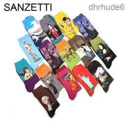 Partihandel- Sanzetti 5 Par/Lot Combed Cotton Colorful Gogh Retro Oil Målning Men Socks Cool Casual Dress Funny Party Crew RQF0