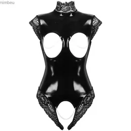 مجموعة مثير مجموعة مثيرة المثيرة الكأس المفتوحة bodysuit cupless teddy teddy femme Black Wetlook pvc latex catsuit النساء القوطية الإباحية تعال Sexy Lingerie C240410