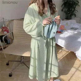 Kadın Uyku Salonu Ekose Çökelt Kemer Places Gecikme Gecesi Sonbahar Gece Giyiyor Pijama Nightgown Yeşil Uzun Kollu Homewear Japon 2023L240122