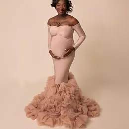 Chic Blush Pink Ruffles Maternity Robes Women Long Sleeve Poshoot Fluffy Tiered Dress Formal Event Overlay Sleepwear 20216681328