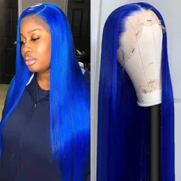 Babyhår blå färg 13x4 HD transparent spets frontala peruker mänskligt hår för svarta kvinnor brasiliansk rakblå färgad spets fram peruk
