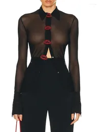 Women's Blouses Y2k Flaming Red Lips Beaded Buttons Micro See Through Shirt Chic Sexy Lapel Long Sleeve Stretchy Blouse 2024 Spring