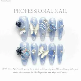 Unhas Falsas 10 Pcs Azul Francês Y2k Dicas de Unhas Long Ballet Handmade Falso Prego Com 3D Fada Borboleta Diamante Pérola Decoração Falsas Unhas Art Q240122