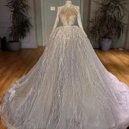 Stunningbride 2024 Saudi Arabia Ball Gown Wedding Dress Sequins Appliques Illusion High Neck Long Sleeve Luxury Bridal Gowns Crystal Bride Robes Custom Made