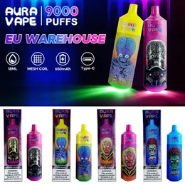 EU WAREHOUSE AURA Vape 9k 100% Original Puff 9000 E Cigarette 18ml Prefilled Mesh Coil Disposable Rechargeable Vapes vs Puffbar Elfbar and random Tornado