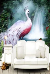 3D Wall Paper Custom handpainted early morning forest waterfall white peacock mural sofa background wall wallpaper3052145