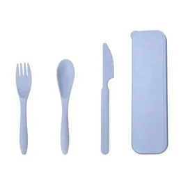 Reseredskap med fodral, 3 datorer Set Wheat Straw Reusable Spoon Knife Forks Tablesvis, bärbart bestick för lunchlåda 122891