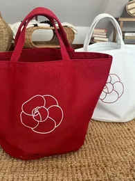 Borsa per la spesa di design in tinta unita fiore classico lettera logo stampa borsa in tela rossa retrò borsa per la spesa a spalla singola borsa per la conservazione ecologica