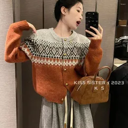 Women's Knits Hsa Contrast Color Retro Knitted Cardigan For Women Autumn And Winter Style Snowflake Chic Y2k Soft Waxy Sweater