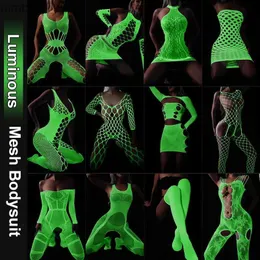 Sexy Set Sexy Dessous Leuchtender Body Stocking Fluoreszierender Mesh Bodysuit Tube Top Overall Strümpfe Mesh Kleidung Nachtclub Wear WomensL240122