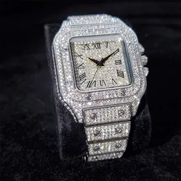Роскошные модные серебряные розовые золотые римские номера высокого качества в стиле хип-хоп с квадратными бриллиантами мужские кварцевые часы со льдом