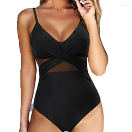 Costumi da bagno da donna Sgchua 2024 Sexy Solid Mesh Patchwork Costume intero bikini con scollo a V Incrociato Monkini Beachwear Costume da bagno Plus Size