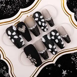 False Nails Handmade Luxury Black Fake Nail With Glue Detachable Coffin Transparent False Nails Tips Reusable Adhesive Press On Nails Art Q240122