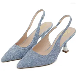 Sandals Fashion Women Blue Denim High Heels Back Strap Sandal Elegant Pointed Toe Pumps Office Lady Heeled Slingbacks Shoes Woman