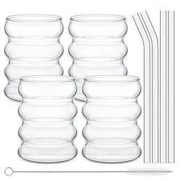 4 Stück kreative Glasbecher, niedliche, wellenförmige Vintage-Trinkgläser, gerippte Glaswaren mit Strohhalmen, Set für Küche, Kaffee, Saft 240122