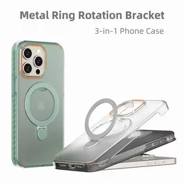 3 in 1 Magsofe Transparent Clear Acrylic Shockproof Phone Cases for iPhone 15 14 13 12 11 Pro Max Mini XR With Retail Package 360 ring kickstand protectora holder