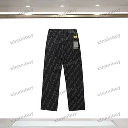 Xinxinbuy 2024 Erkek Kadın Tasarımcı Kot Pant Pant Paris Cursiive Mektup Jacquard Sıradan Pantolon Siyah Mavi Gri S-2XL