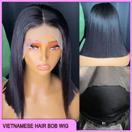 Brasileiro peruano vietnamita duplo desenhado 10 polegadas cor preta natural 100% cru virgem remy cabelo humano sedoso reto 13x4 renda transparente bob peruca