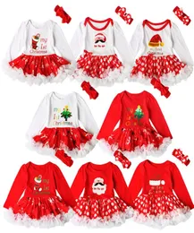 Baby girls Christmas printing Red dress 2ps sets crocheted bow headbandXmas pattern romper Infants first christmas gifts cute out7177820