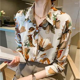 Damesblouses Chiffon Damesoverhemd Bloemen Elegante blouse met lange mouwen 2024 Herfst Modeoverhemden en kantoordame Basic Print Damestops