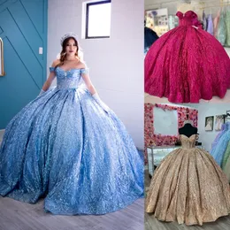 Skimrande glitter tyll quinceanera klänning avtagbar rygg boll mexikansk kvitten söt 15/16 födelsedagsfest klänning för 15: e tjejdrama vinter formell prom gala bär