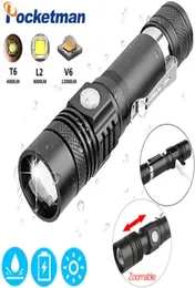 Taschenlampen Taschenlampen 12000LM LED-Taschenlampe 4 Modi T6L2V6 mit USB-Stromversorgung durch 118650 Batterie Zoomable Lanterna Fahrradlicht65521338469906