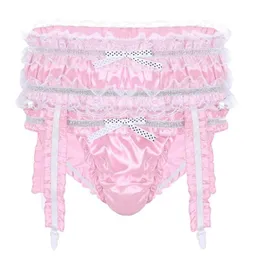 Men039s badkläder Mens Wetlook underkläder underkläder mjuk glänsande satin rufsade frilly låg stigande stretchiga botten trosor sissy bikini 8343911