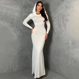 Casual Dresses BoozRey Elegant Long Sleeve Hoodie Maxi Dress For Women Party Club Outfits Bodycon Solid Deep V Swing Collar Robe