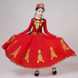 Scene Wear Children's Festival Xinjiang Dance Costume Girl's Large Swing Dress Uyghur Minority Suit hmong kjol