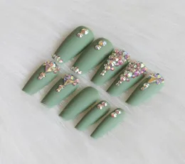 24pcs أحدث حلوى الباليه Long Ballet المصنوعة يدويًا Crystal Diamond Matte Fake Nails Sexy Green5058365