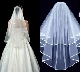 Setwell branco marfim fita de cetim de duas camadas véu borda vestido de casamento de tule curto com pente para mulheres 1462774