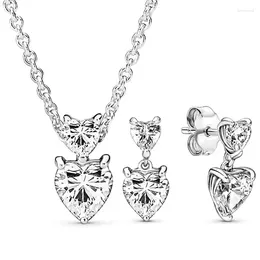 Anéis de cluster 925 prata esterlina duplo coração espumante pendurado colar brinco para mulheres moda diy presente jóias conjunto
