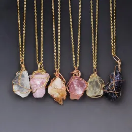 Красочные ожерелья Золотая цепочка, обернутая проволокой, панк-нерегулярное ожерелье из натурального камня, ювелирные изделия из розового кварца, целебные кристаллы, кулон-ожерелье