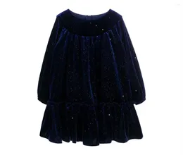 Kız Elbiseler KT6394 2024 Son Stil Marka Çocuk Giyim Kış Maşif Mavi Elbise Zarif Büyük Dantel Etek Velvet