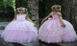 Pink and White Toddler Ball Gown Flower Girl Dresses for Weddings Party Elegant Floor Length Long Lace Jewel Neck Dresses With Bow5447887