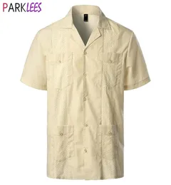 Camisa cubana tradicional masculina guayabera, camisa de manga curta bordada estilo caribenho mexicano praia com 4 bolsos 2206065122363