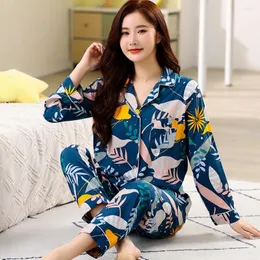 Pijamas femininos algodão viscose pijama para mulheres impressão casa terno calças soltas manga longa cardigan botões design nightwear conjunto