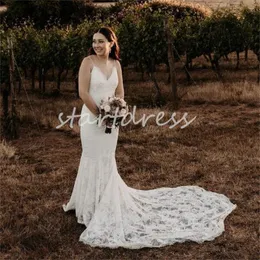 Abito da sposa Boho fulllace da favola 2024 Abito da sposa sexy con spalline a sirena Abito da sposa bohemien senza schienale Abito da sposa Gatsby da sogno civile Paese Robe De Mariee 2024