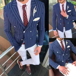 Navy Stripes Men Judct Slim Fit Double Breadged Mens Party Birthday Walk Wedding Tuxedos فقط قطعة واحدة لا توجد سروال