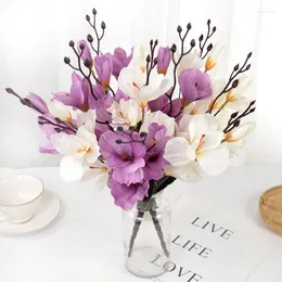 Fiori decorativi 5 forchette 20 teste fiori artificiali magnolia mazzi orchidea di seta bianca per la decorazione della festa nuziale disposizione fai da te