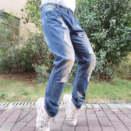 Herr jeans denim vintage all-match raka manliga byxor trasiga repor modedesign hål förstörda fyra säsongslånga byxor
