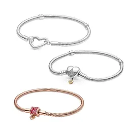 Armreifen Original Herzverschluss Prinzessin 925 Sterling Silber Armband für Frauen Schlangenkette Roségold Funkelnde Liebe Valentinstag G