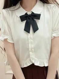 여자 블라우스 kawaii 달콤한 로리타 스타일 여자 일본 JK 화이트 셔츠 여자 귀여운 주름 짧은 퍼프 슬리브 상단 버튼 업 트렌디 한 셔츠