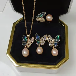 Imposta un set conchiglia di abalone perla d'acqua dolce riso 78mm bianco/grigio/rosa/viola/nero orecchino pendente anello COLLANA farfalla
