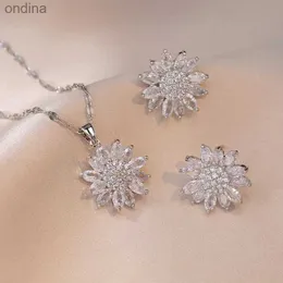 Anhänger Halsketten Luxus Weiß Zirkon Große Sonnenblume Ohrstecker und Anhänger Edelstahl Ketten Halsketten Für Frauen Brautschmuck Sets Geschenk YQ240124