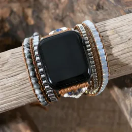 Braccialetti Bracciale in pietra ematite per cinturino Apple Watch Perline Boho 5 Cinturino per orologio in corda di cera avvolgente Cinturino da polso vegano Regalo di Natale Dropship