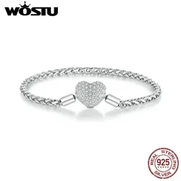 Lightings Wostu Echte Sterling Sier Groot Hart met Volledige Zirkoon Basic Bangle Armband Gevlochten Ketting Links Diy voor Bedels Vrouwen Cadeau