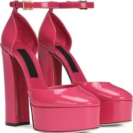 디자이너 샌들 플랫폼 힐 여성 드레스 신발 2024 새로운 패션 모조 다이아몬드 버클 3D 프린팅 장식 두꺼운 발 뒤꿈치 신발 15cm 하이힐 샌들 35-43